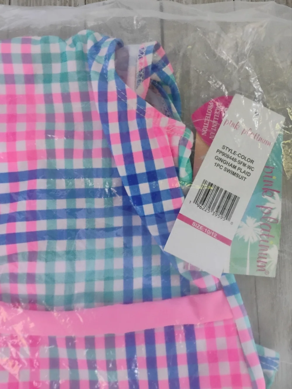 Gingham One-Piece Swimsuit Pink Platinum Size 10 /12 & Free Pair Of Swim Goggles